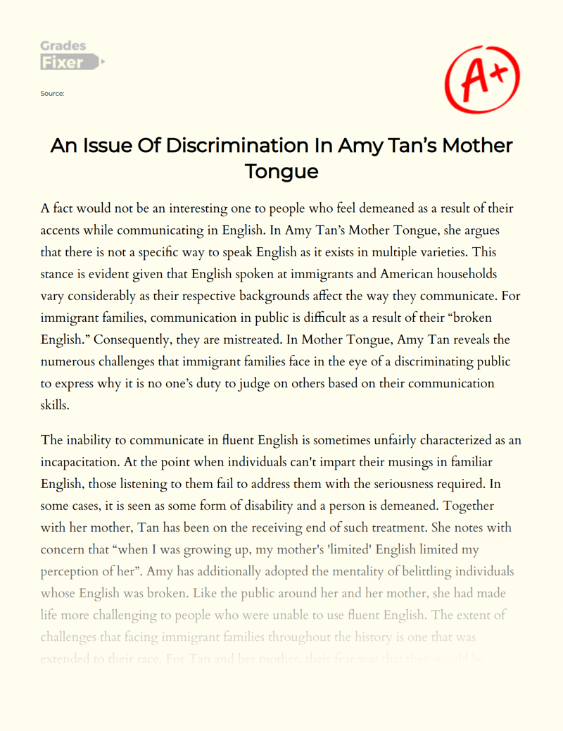 An Issue of Discrimination in Amy Tan’s Mother Tongue Essay