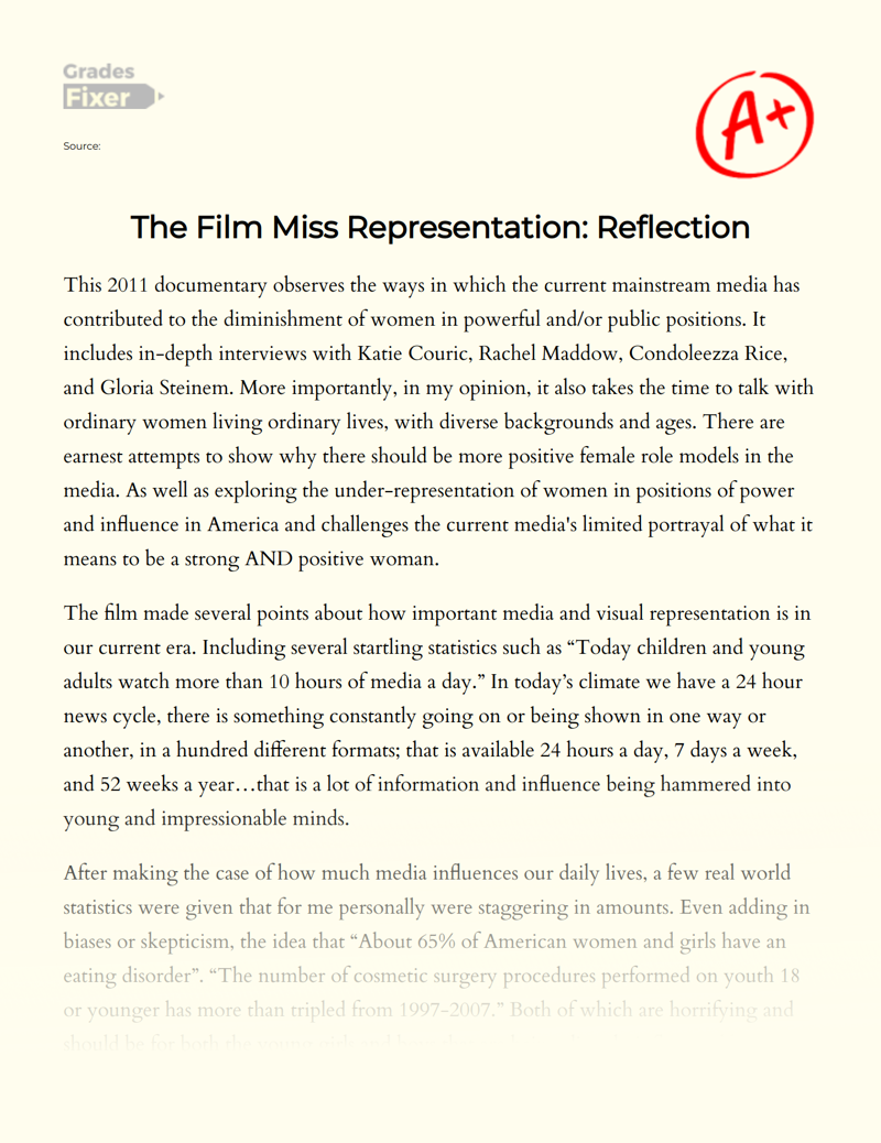 The Film Miss Representation: Reflection  Essay