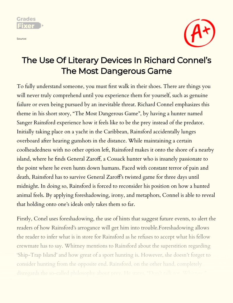 The Use of Literary Devices in Richard Connel’s The Most Dangerous Game essay