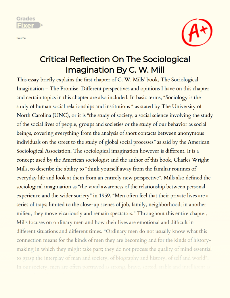 Critical Reflection on The Sociological Imagination by C. W. Mill Essay