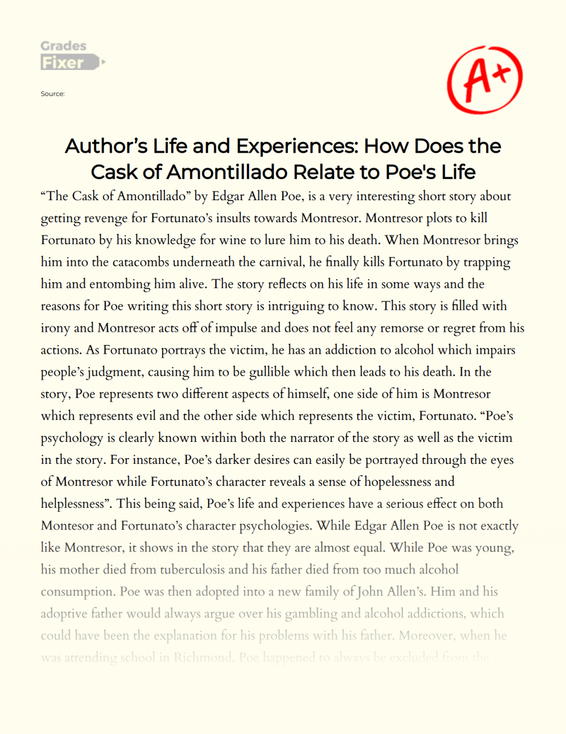 Author’s Life and Experiences: How Does The Cask of Amontillado Relate to Poe's Life Essay
