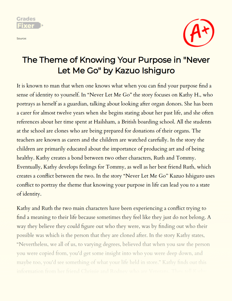 The Theme of Knowing Your Purpose in "Never Let Me Go" by Kazuo Ishiguro Essay