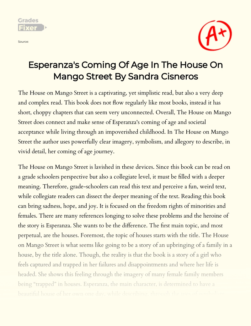Esperanza's Coming of Age in The House on Mango Street by Sandra Cisneros Essay