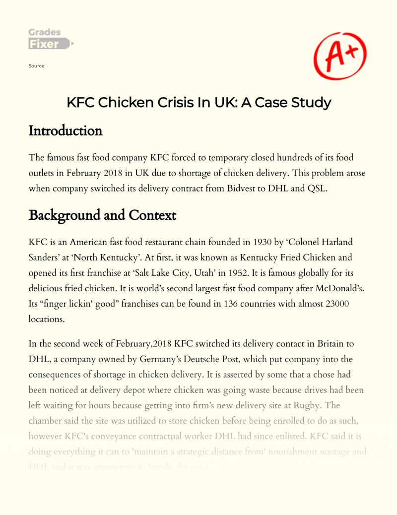 KFC Chicken Crisis in UK: a Case Study Essay