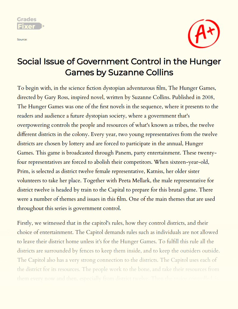 Social Issue of Government Control in "The Hunger Games" Essay