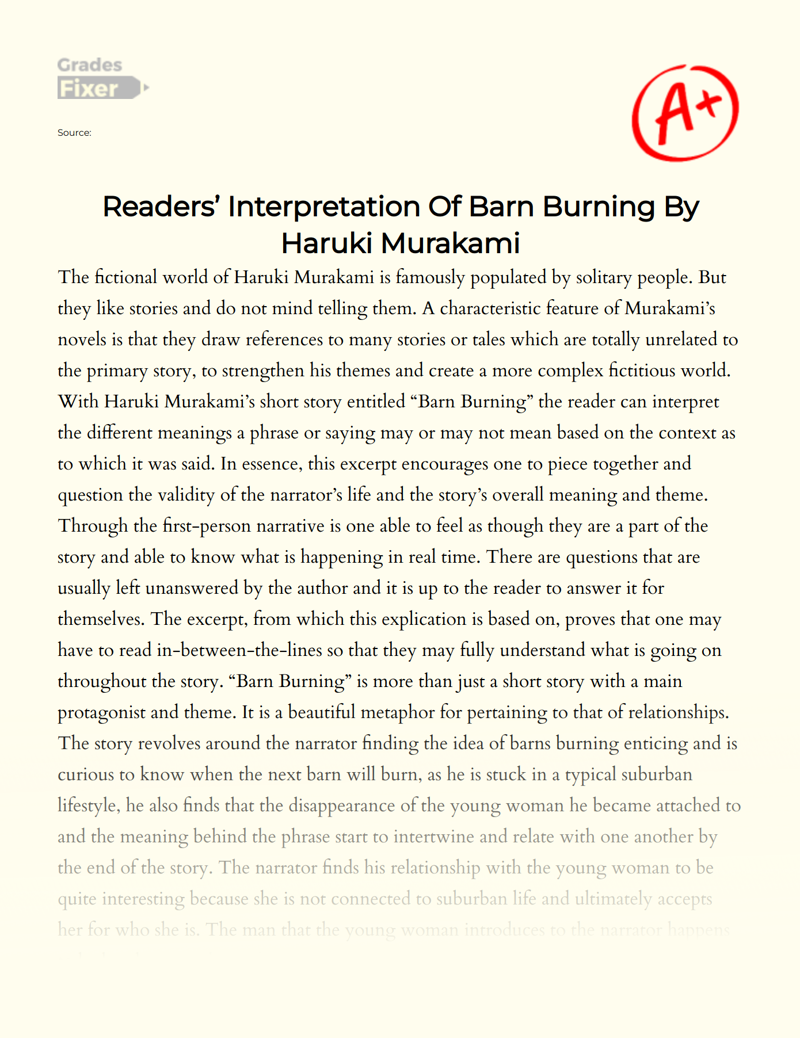 Readers’ Interpretation of Barn Burning by Haruki Murakami Essay