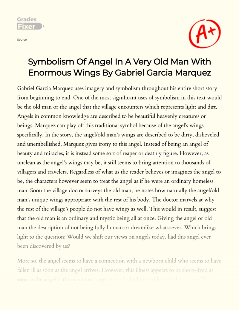 Symbolism of Angel in a Very Old Man with Enormous Wings by Gabriel Garcia Marquez Essay