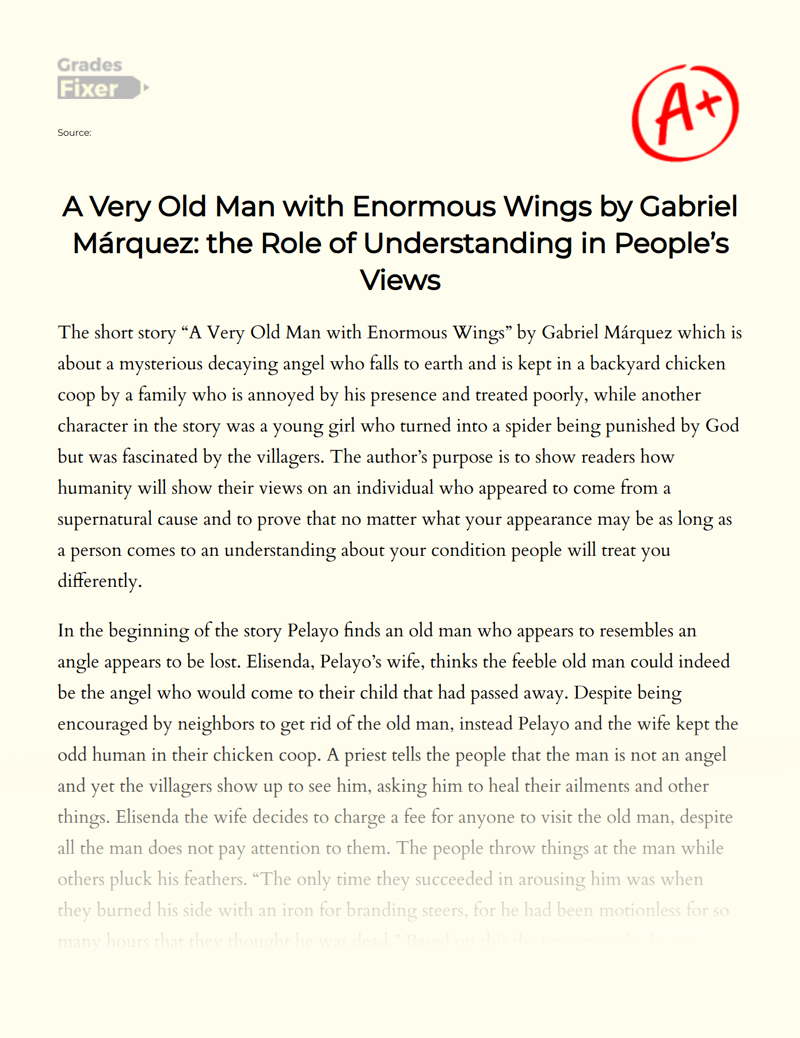 A Very Old Man with Enormous Wings by Gabriel Márquez: The Role of Understanding in People’s Views Essay
