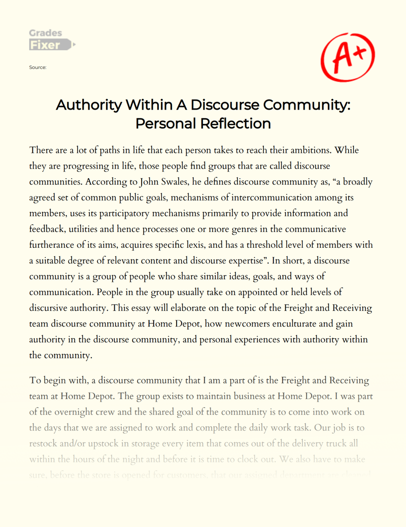 Authority Within a Discourse Community: Personal Reflection Essay