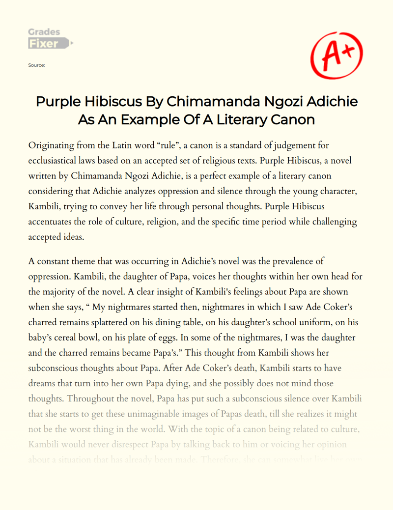 Purple Hibiscus by Chimamanda Ngozi Adichie as an Example of a Literary Canon Essay