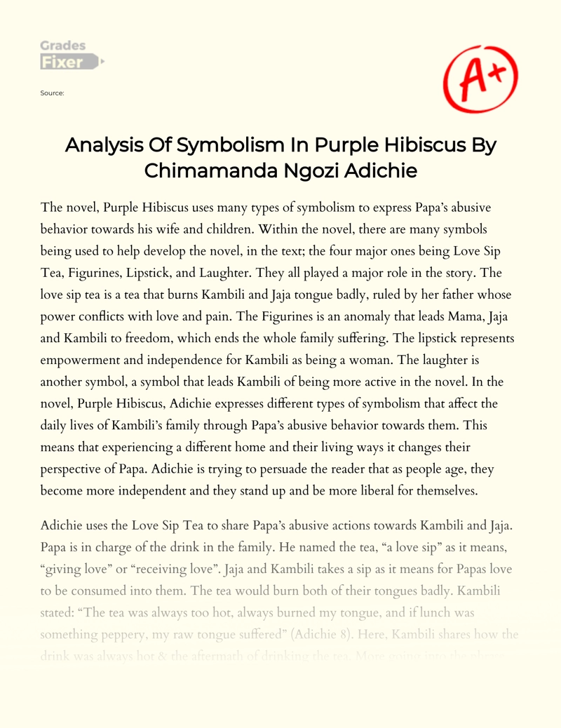 Analysis of Symbolism in Purple Hibiscus by Chimamanda Ngozi Adichie essay