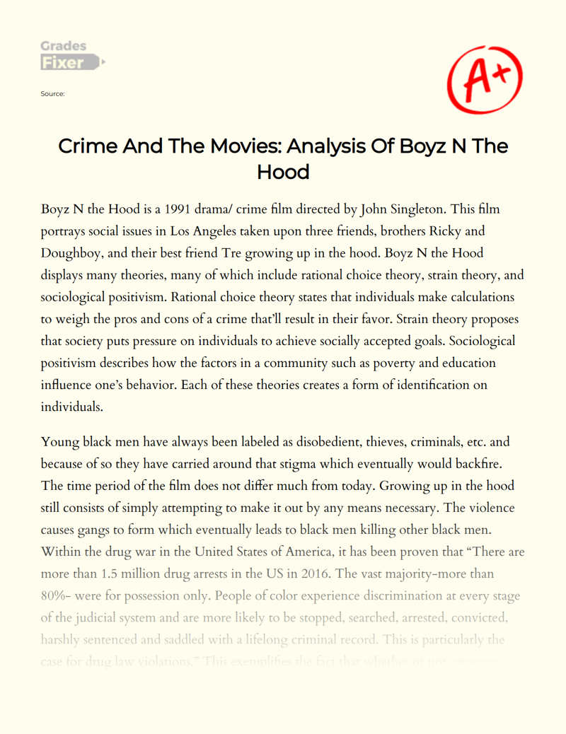 Crime and The Movies: Analysis of Boyz N The Hood Essay