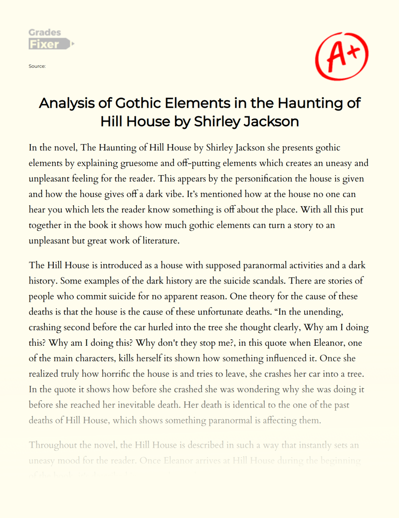 Analysis of Gothic Elements in The Haunting of Hill House by Shirley Jackson Essay