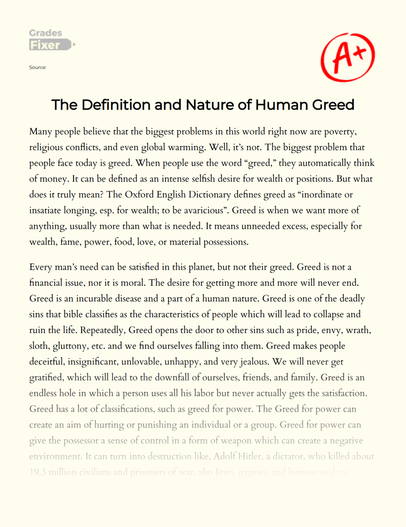 The Definition and Nature of Human Greed Essay