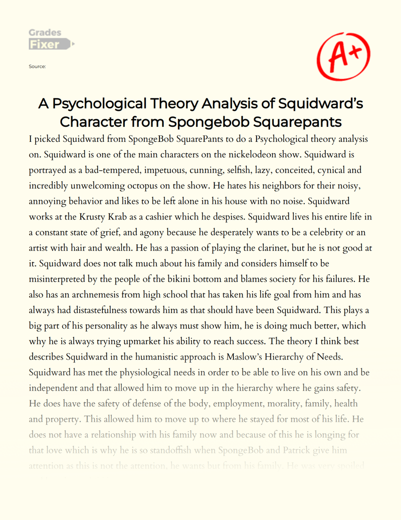 A Psychological Theory Analysis of Squidward’s Character from Spongebob Squarepants Essay