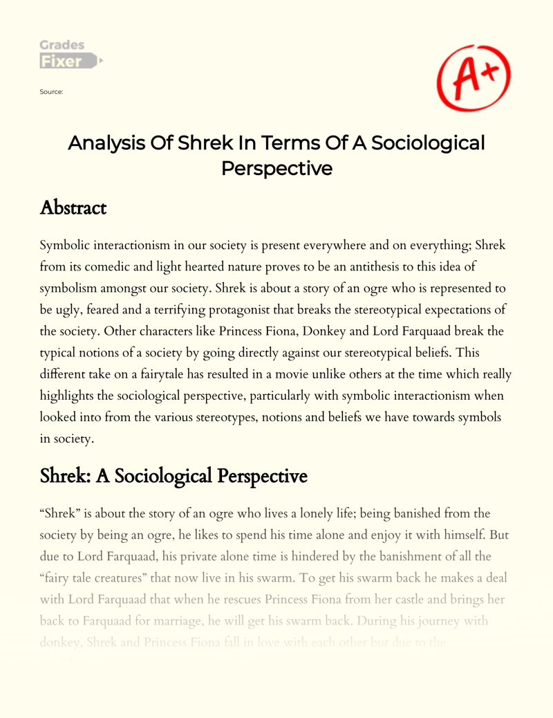 Movie Shrek: Analysis in Terms of a Sociological Perspective essay