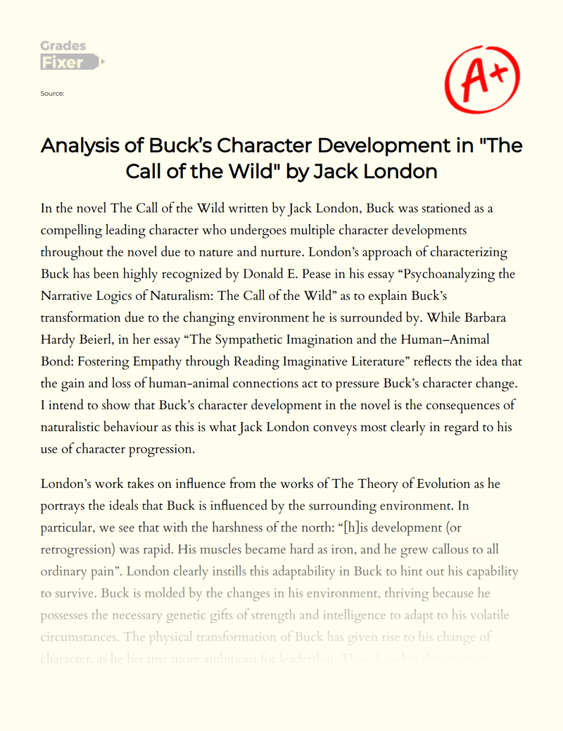 Analysis of Buck’s Character Development in "The Call of The Wild" by Jack London Essay