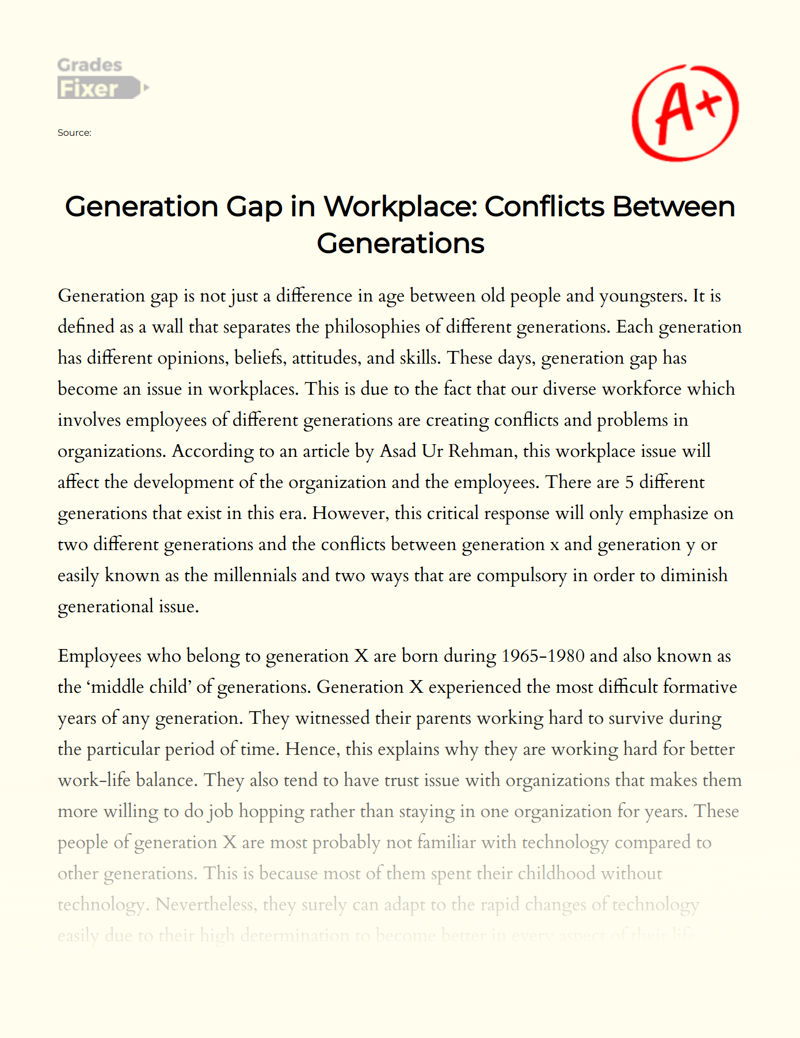 Generation Gap in Workplace: Conflicts Between Generations Essay