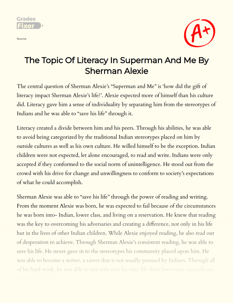 The Topic of Literacy in Superman and Me by Sherman Alexie Essay