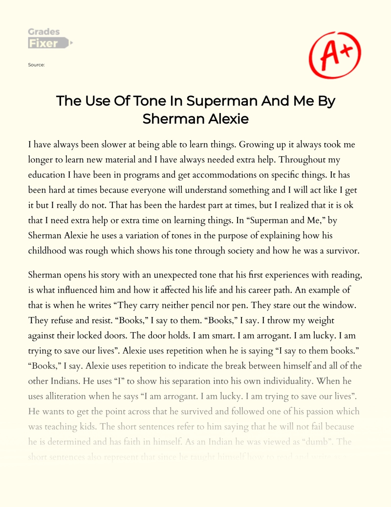 The Use of Tone in Superman and Me by Sherman Alexie Essay