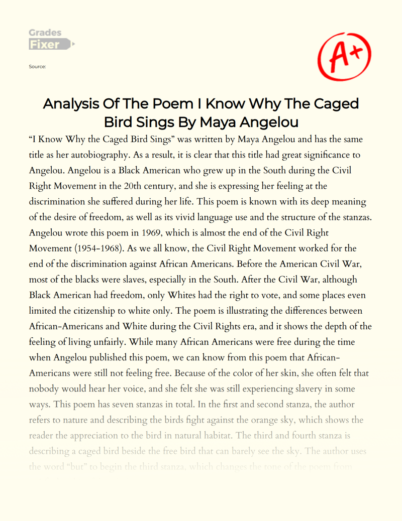 Analysis of The Poem I Know Why The Caged Bird Sings by Maya Angelou Essay