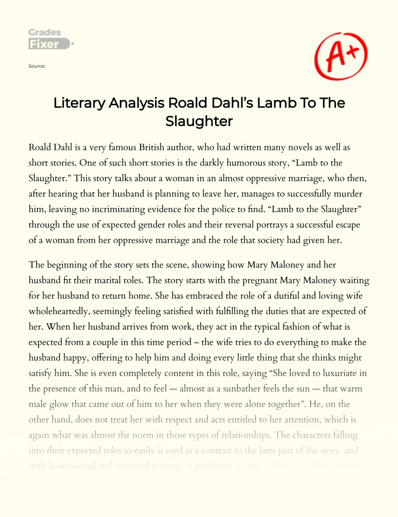 Roald Dahl’s Lamb to The Slaughter: Literary Analysis Essay