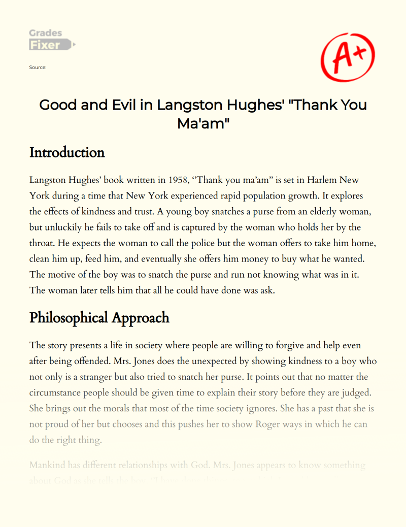 Good and Evil in Langston Hughes' "Thank You Ma'am" Essay