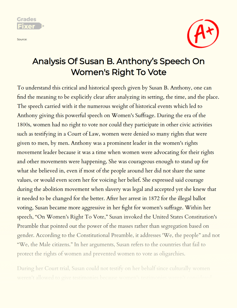 Analysis of Susan B. Anthony’s Speech on Women's Right to Vote Essay