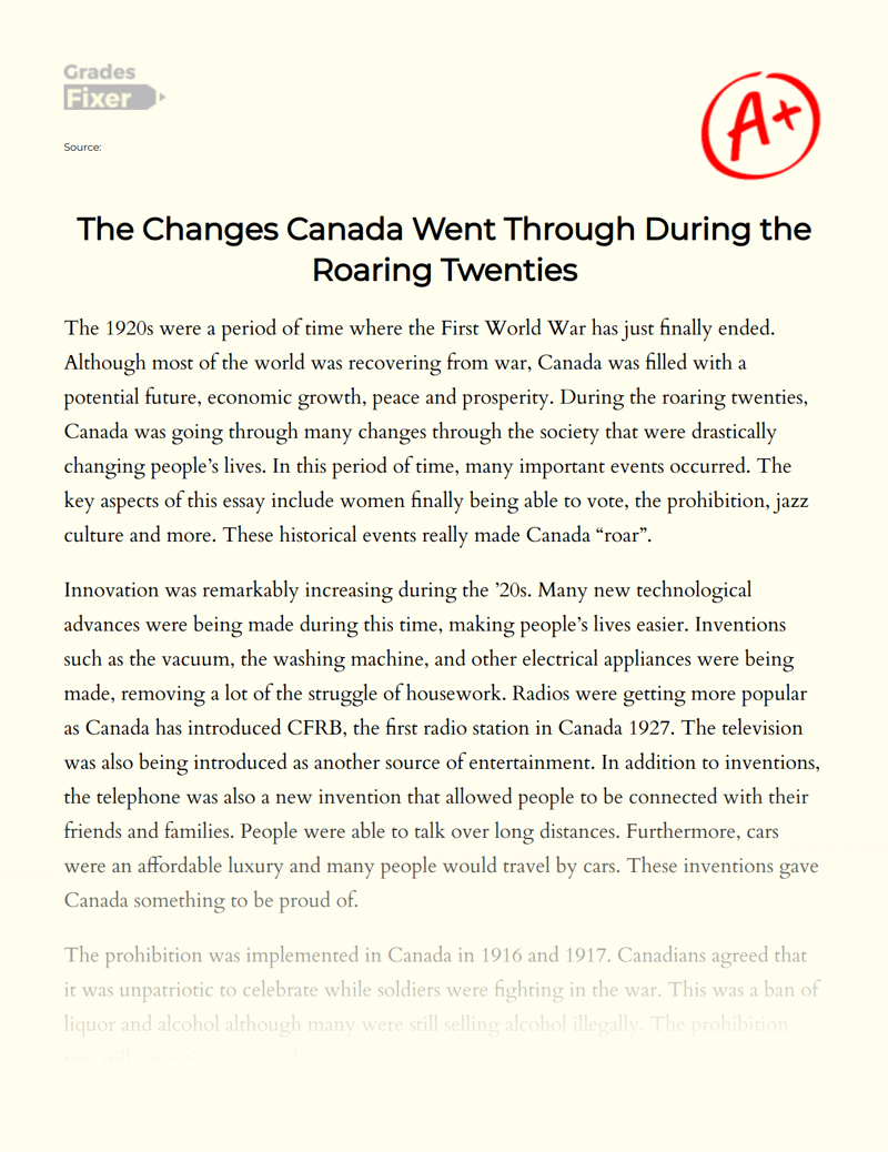 The Changes Canada Went Through During The Roaring Twenties Essay