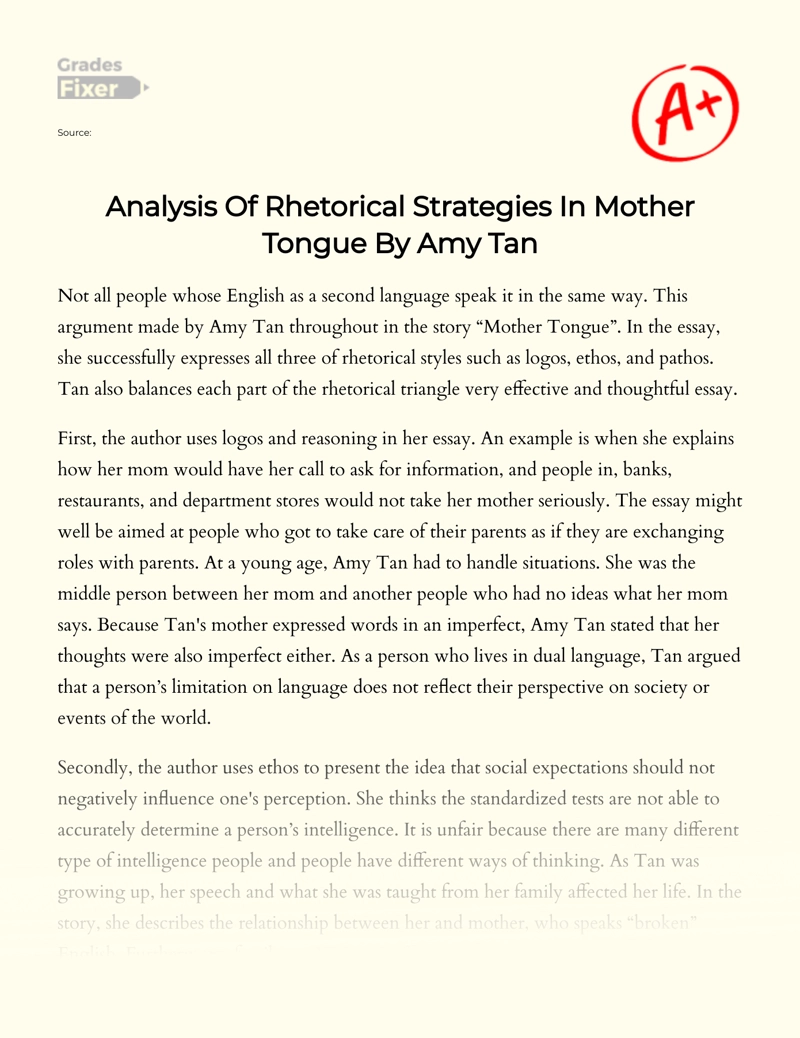 Analysis of Rhetorical Strategies in Mother Tongue by Amy Tan Essay