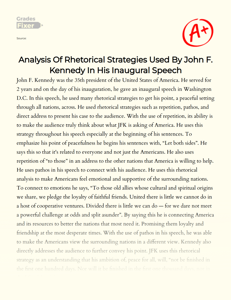 Analysis of Rhetorical Strategies Used by John F. Kennedy in His Inaugural Speech Essay