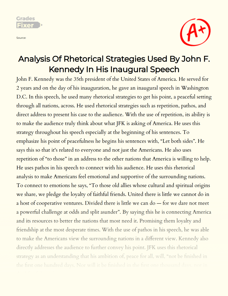 rhetorical analysis essay john f kennedy inaugural address