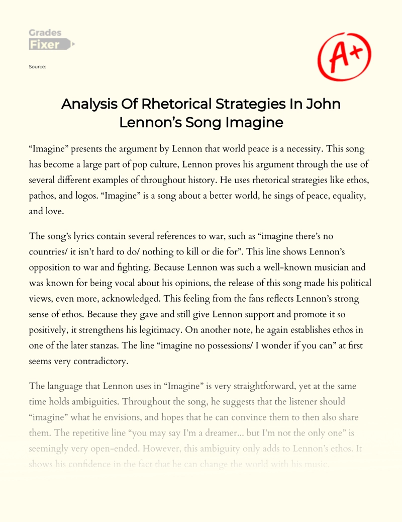 Analysis of Rhetorical Strategies in John Lennon’s Song Imagine essay
