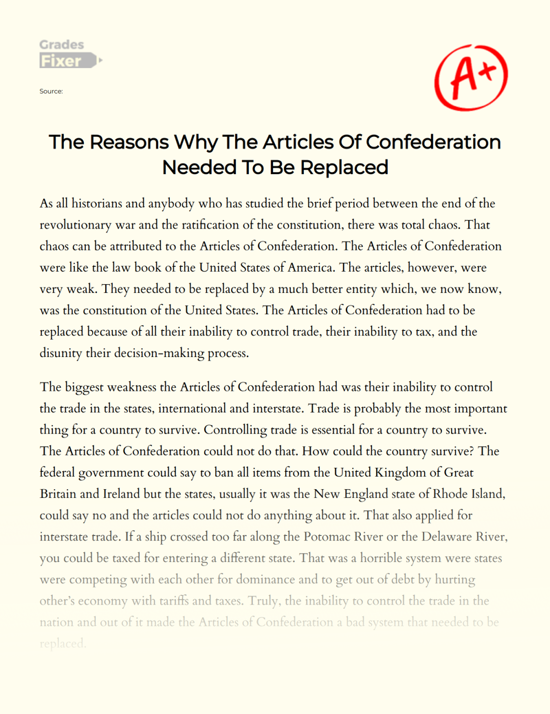 The Reasons Why The Articles of Confederation Needed to Be Replaced Essay
