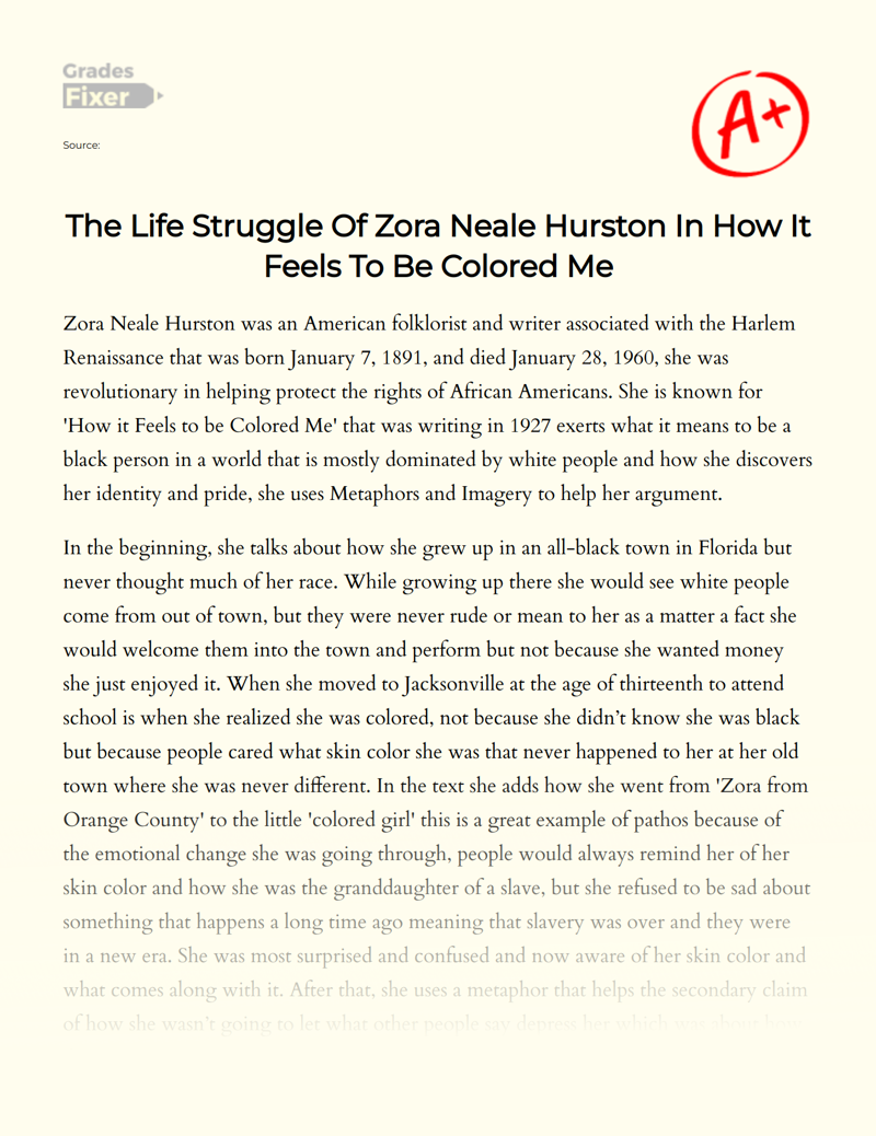 The Life Struggle of Zora Neale Hurston in How It Feels to Be Colored Me Essay