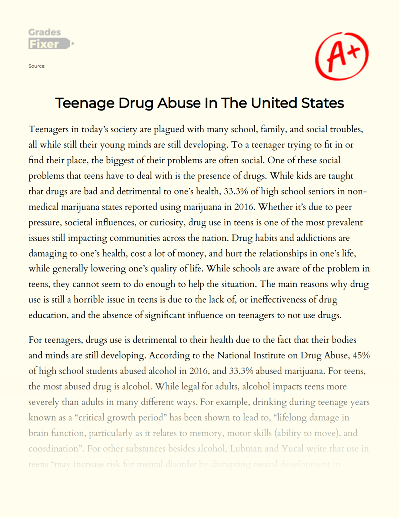 Teenage Drug Abuse in The United States Essay