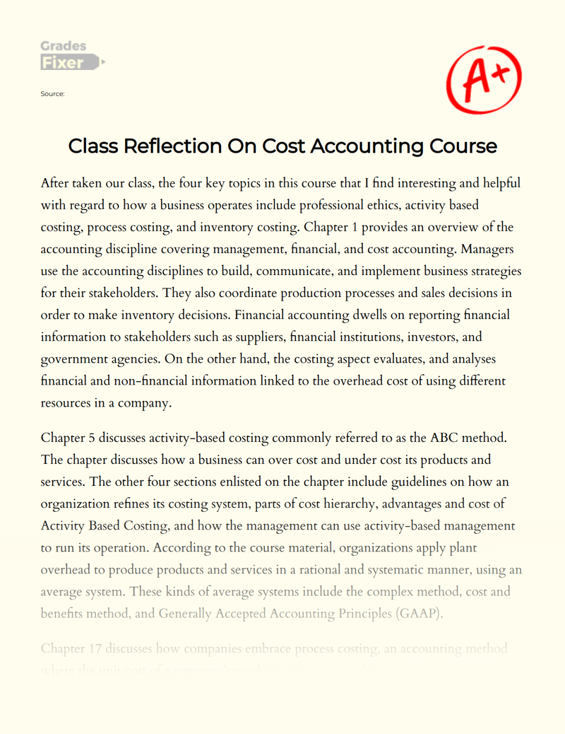 Class Reflection on Cost Accounting Course Essay