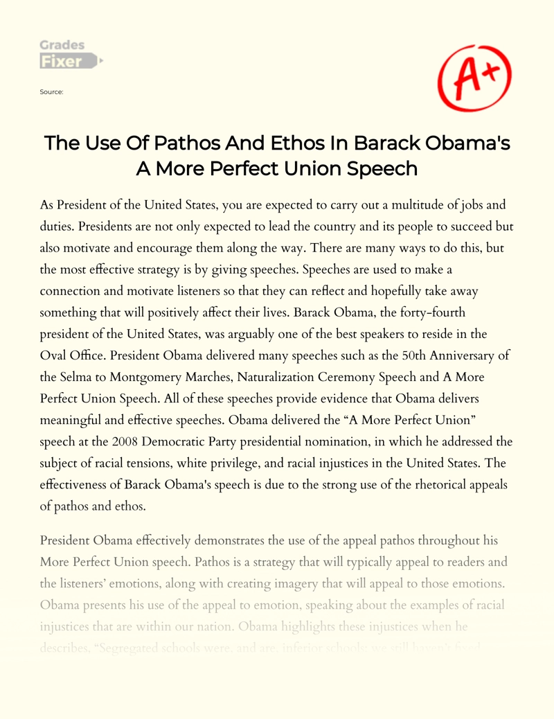 The Use of Pathos and Ethos in Obama's "A More Perfect Union" Speech Essay