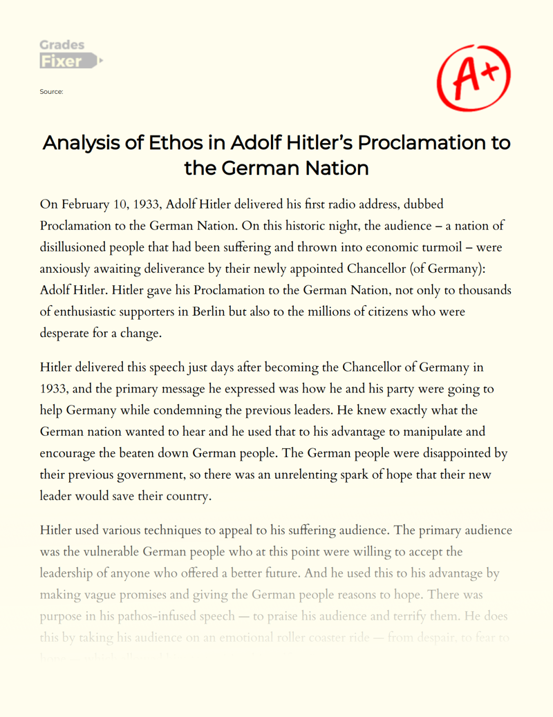 Analysis of Ethos in Adolf Hitler’s Proclamation to The German Nation Essay