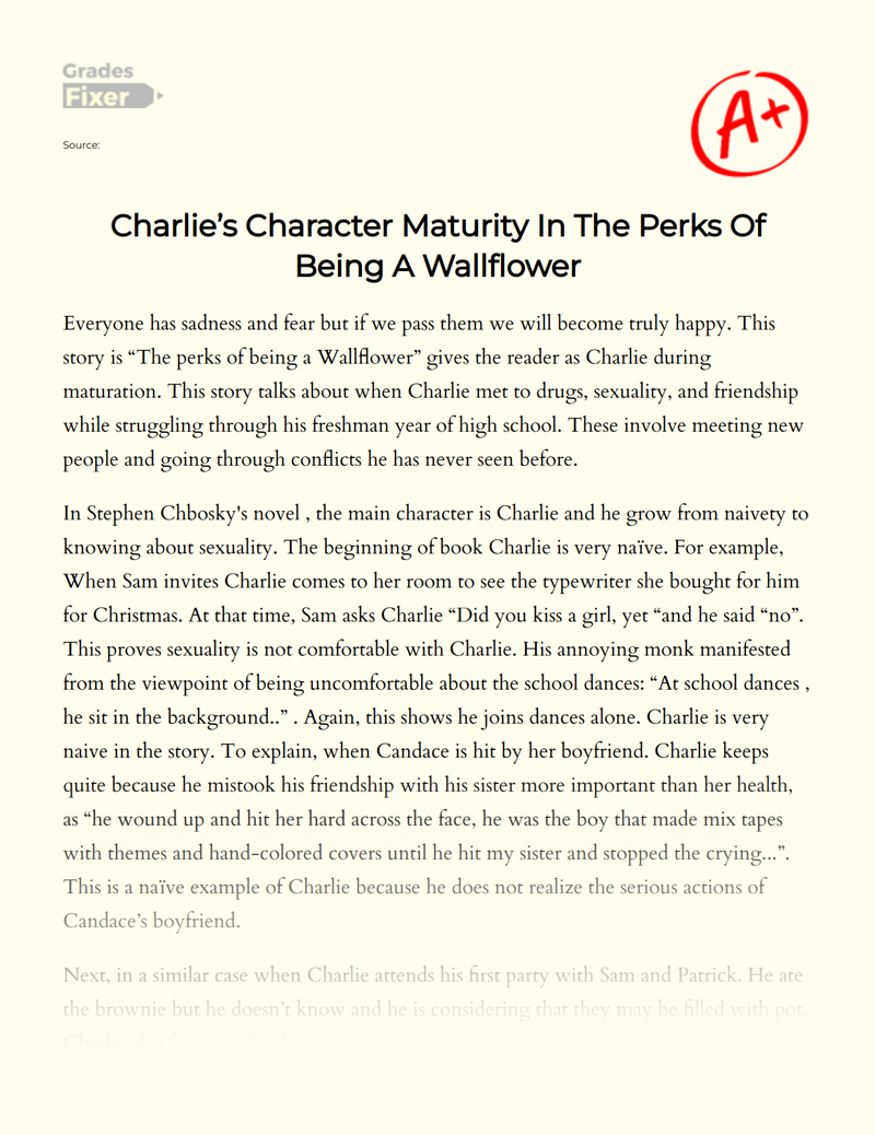 Charlie’s Character Maturity in The Perks of Being a Wallflower Essay