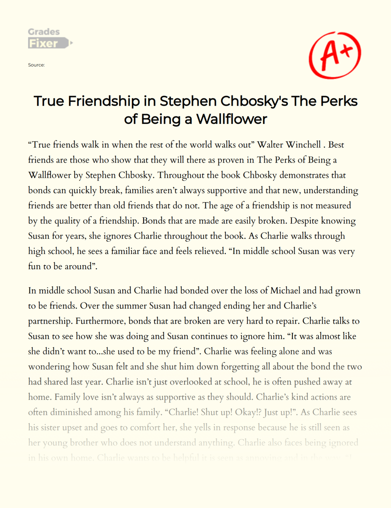 True Friendship in Stephen Chbosky's The Perks of Being a Wallflower Essay