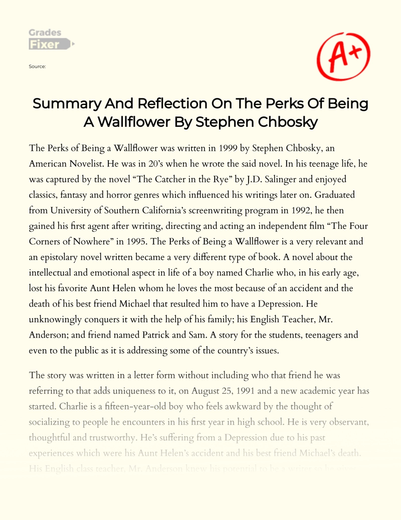 Summary and Reflection on The Perks of Being a Wallflower by Stephen Chbosky Essay