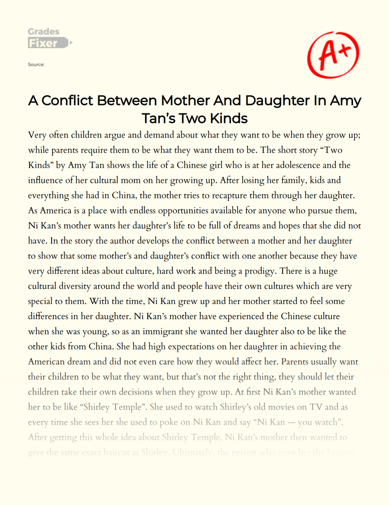 A Conflict Between Mother and Daughter in Amy Tan’s Two Kinds Essay