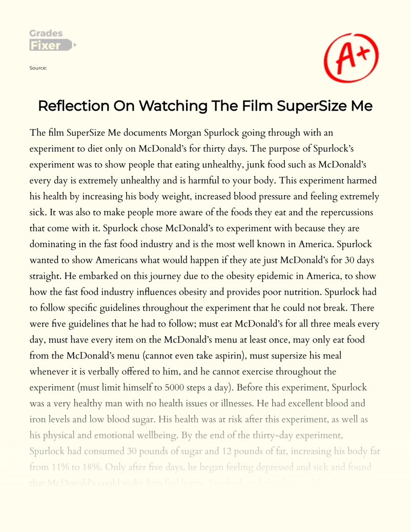 Reflection on Watching The Film Supersize Me essay