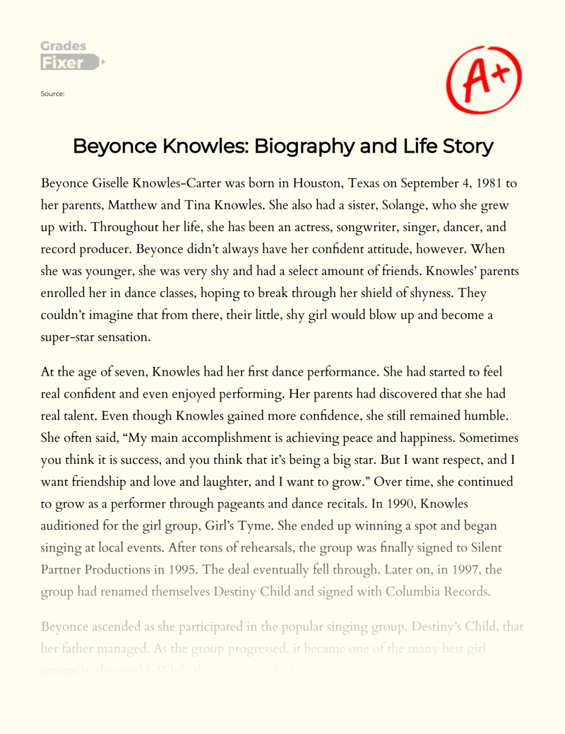 Beyonce Knowles: Biography and Life Story Essay
