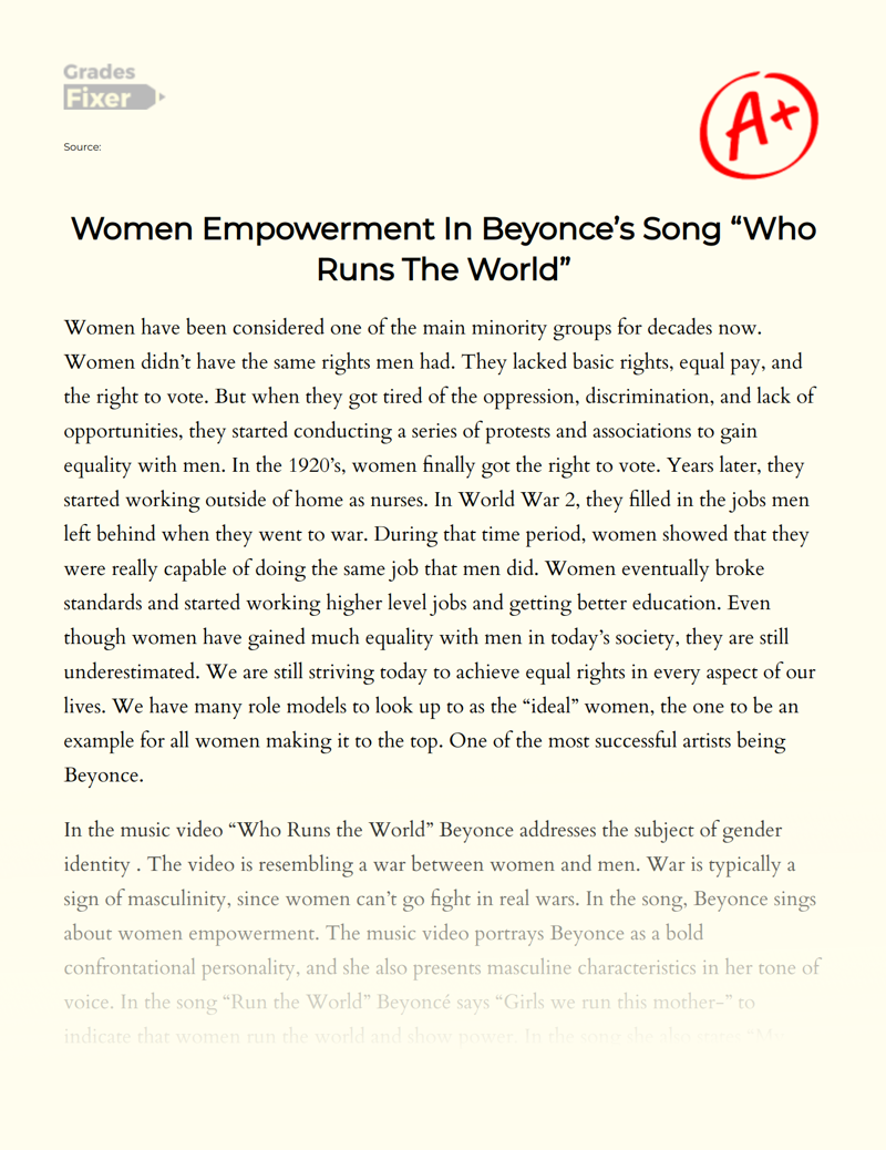 Women Empowerment in Beyonce’s Song "Who Runs The World" Essay