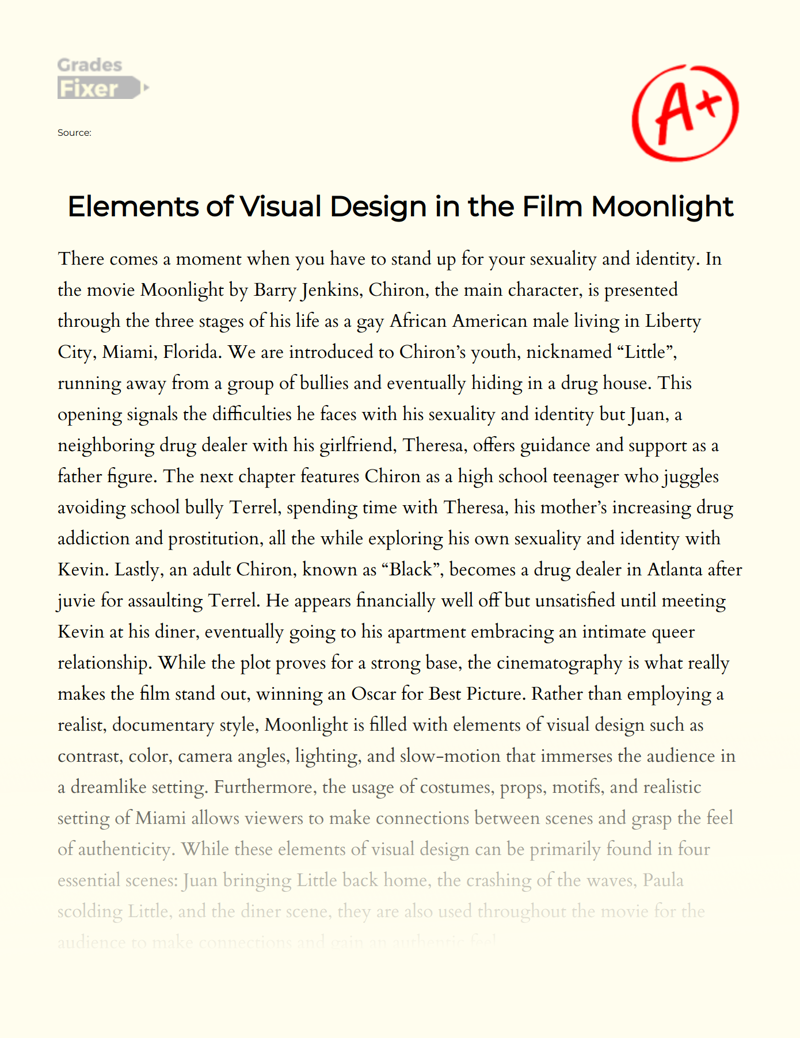 Elements of Visual Design in The Film Moonlight Essay