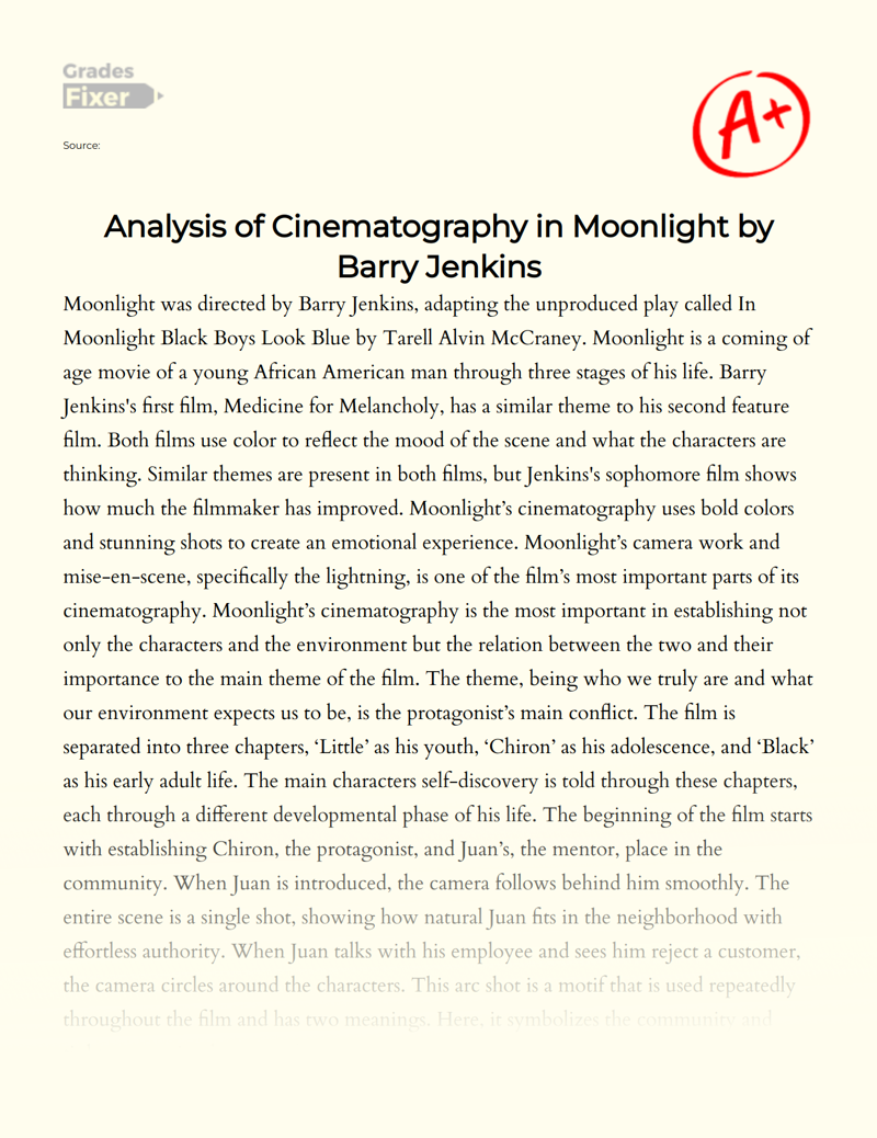 Analysis of Cinematography in Moonlight by Barry Jenkins Essay