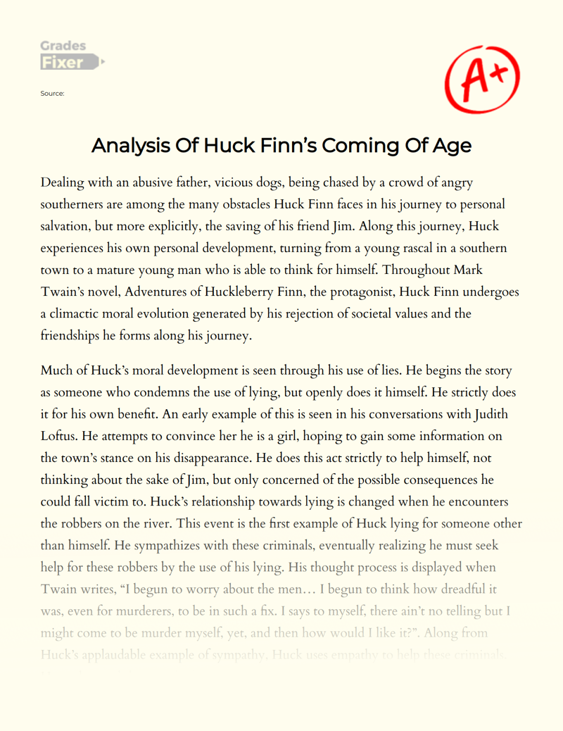 Analysis of Huck Finn’s Coming of Age Essay