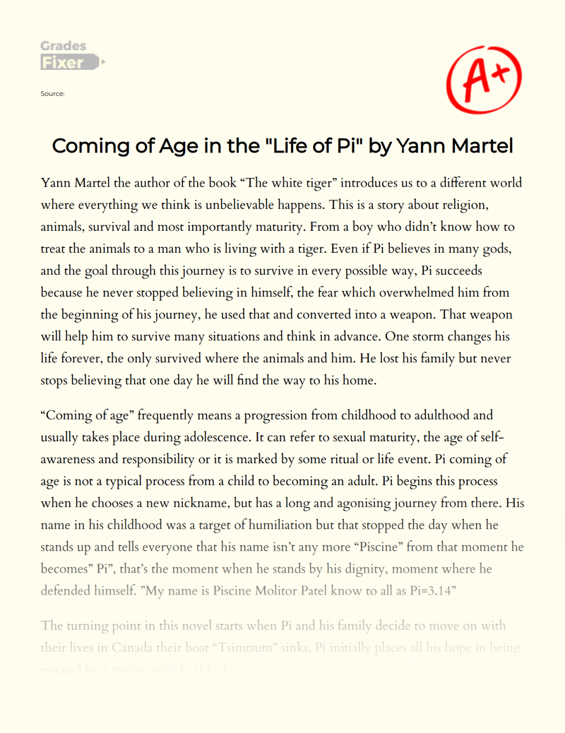 Coming of Age in The "Life of Pi" by Yann Martel Essay